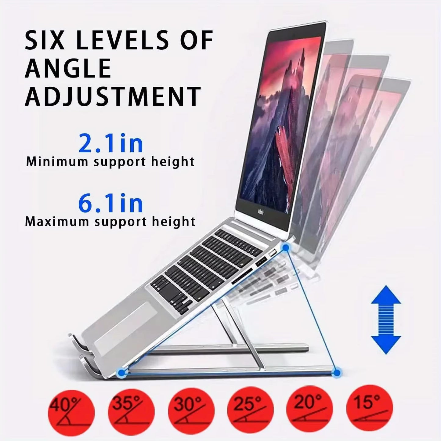 Laptop stand showing six angle adjustment levels from 15 to 40 degrees