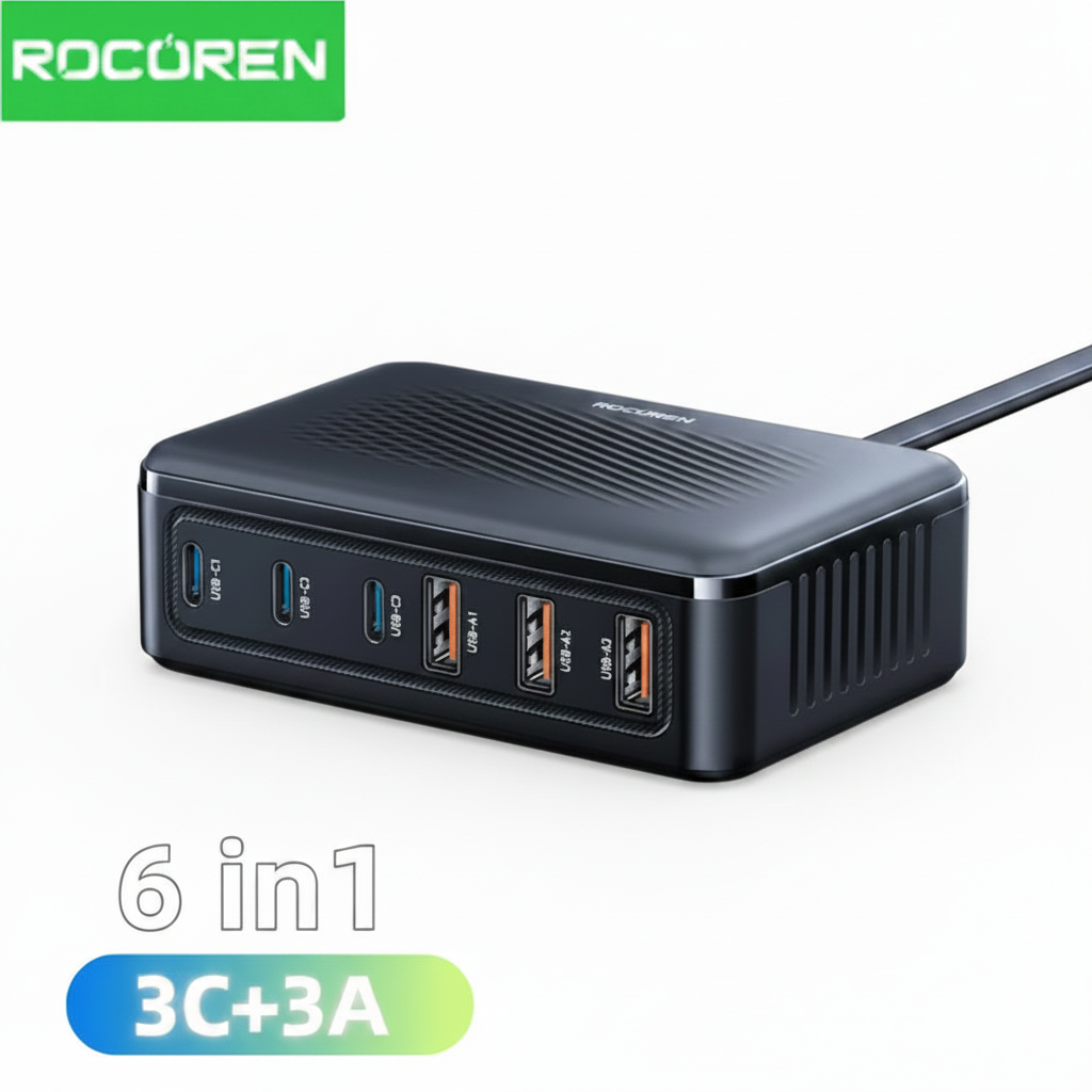 100W GaN 6-in-1 Charging Station white background no branding
